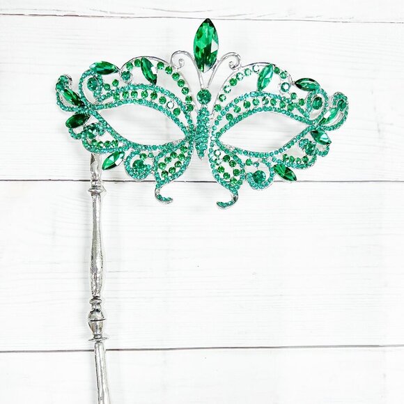 Masquerade Mask with Stick, Wedding Party Silver Mask, Prom Green Crystal Mask - Picture 1 of 6